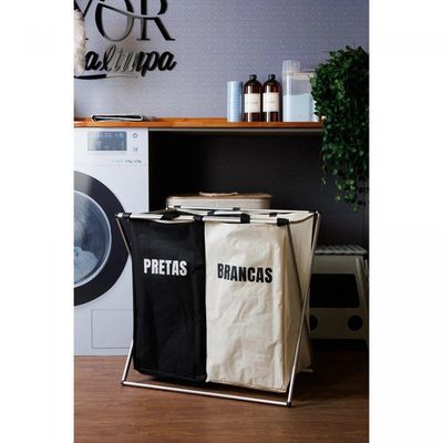 Cesto Para Lavanderia De Poliéster Com Alças E 2 Compartimentos Dobrável 59 X 38 X 57 Cm Lyor
