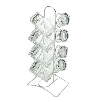 Porta Temperos 8 Peças De Vidro Com Tampa Hermética E Suporte De Metal Cromado Lyor