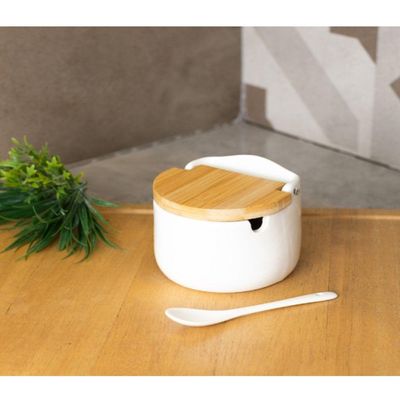 Saleiro De Mesa De Cerâmica Com Tampa De Bambu Branco 10 X 9,5 X 9,5 Cm Lyor