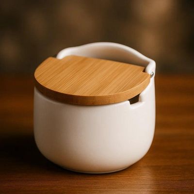 Saleiro De Mesa De Cerâmica Com Tampa De Bambu Branco 10 X 9,5 X 9,5 Cm Lyor
