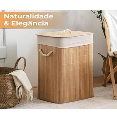 Cesto Para Lavanderia De Bambu Com Tampa 40 X 30 X 57 Cm Lyor