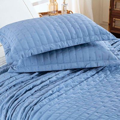 Kit Colcha Cobre Leito Scarpa Plissê Queen Seersucker 3 Peças Maciez E Leveza Textura  Azul Mineral