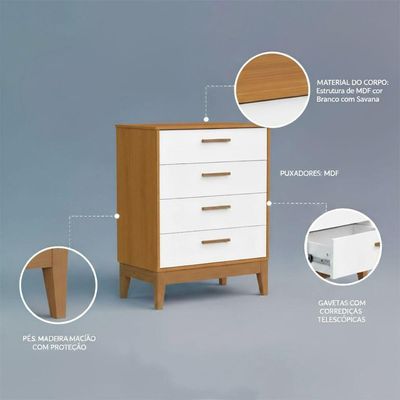 Comoda Gaveteira Flip 4 Gavetas Branco Fosco Com Savana
