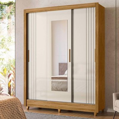 Guarda Roupa Bolivia 3 Portas De Correr Freijo Com Off White Fosco Com Espelho - Moval