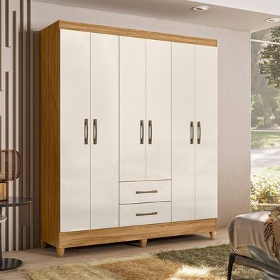Guarda Roupa Roupeiro Casal Panama 6 Portas 2 Gavetas Freijo Com Off White - Moval