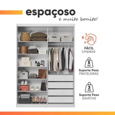 Guarda Roupas Solteiro Com Espelho 2 Portas De Correr 4 Gavetas Riva Flex Off White/madeirado Touch