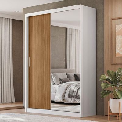 Guarda Roupas Solteiro Com Espelho 2 Portas De Correr 4 Gavetas Riva Flex Off White/madeirado Touch