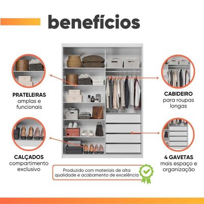 Guarda Roupas Solteiro Com Espelho 2 Portas De Correr 4 Gavetas Riva Flex Off White/madeirado Touch