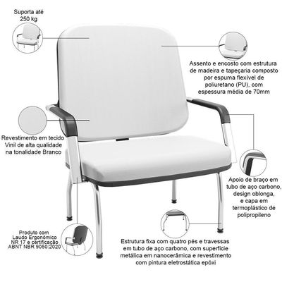 Kit 02 Cadeiras De Escritório Recepção Com Braço Fixa Cromada Magno P03 Vinil Branco - Lyam Decor