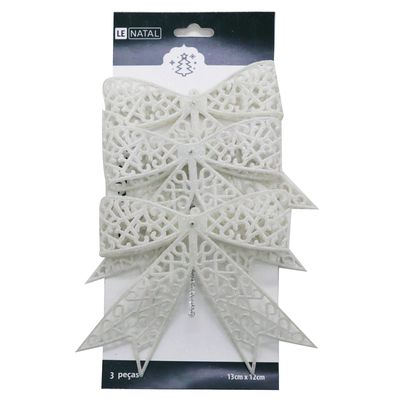 Enfeite de Natal Laço Vazado Le Branco com Glitter 3 Unidades 13x12cm
