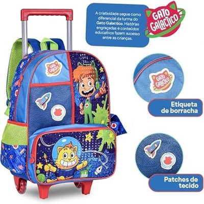 Kit Mochila De Rodinhas Estojo E Lancheira Gato Galactico