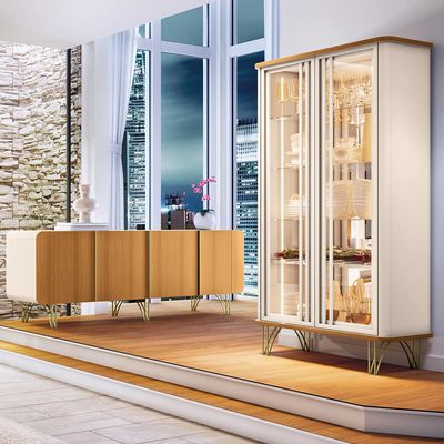 Kit Aparador Buffet Bar Living Santiago com Cristaleira Adega Síria B01 Cinamomo Off White - Lyam