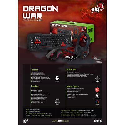 Combo Gamer 4 em 1 Elg Dragon War CGDW41R com Headset + Mouse + Teclado + Mousepad