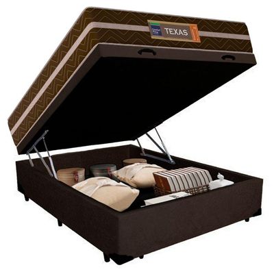 Cama Box Baú Casal Suede + Colchão Molas Ensacadas Texas Prime Colchões 138x188x63cm Cor:marrom