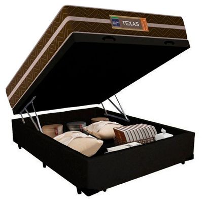Cama Box Baú Casal Suede + Colchão Molas Ensacadas Texas Prime Colchões 138cm - Suporta Até 120 Kg Por Pessoa Cor:preto