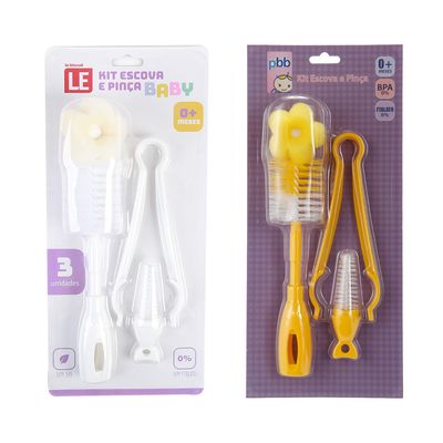 Conjunto Escova e Pinça Pbb para Mamadeira com 3 Peças Estampas Diversas - Item Sortido