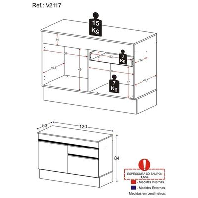 Balcão Cozinha 120cm Com Rodapé 2 Portas 1 Gaveta Veneza Multimóveis V2117 Preto Preto