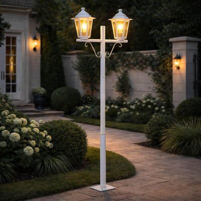 Kit 2 Postes de Jardim Duplo Luminária Externa Colonial E27 Branco Grega Dital 1,61m Tubo Alumínio