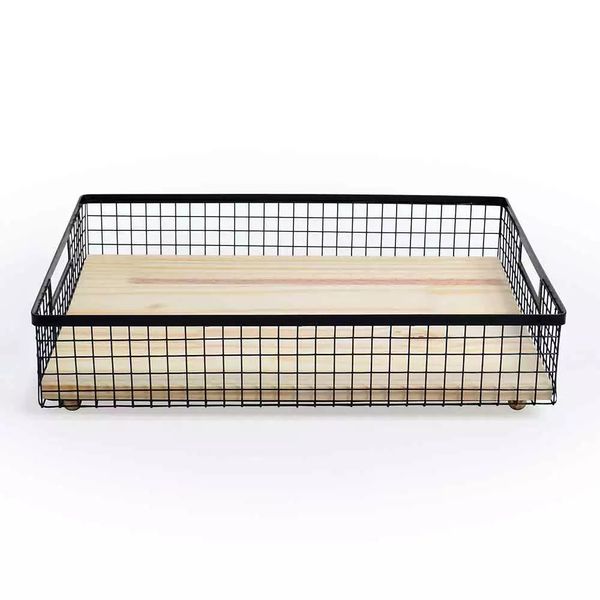 Bandeja Retangular Decorglass com Tela de Ferro e Base em Madeira Grande - 1 Peça