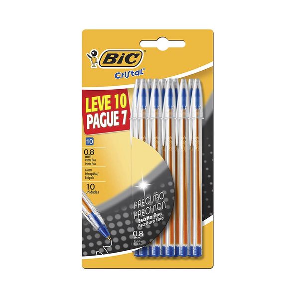 Caneta Esferográfica Bic Cristal Precisão Fine Azul 0.8mm Embalagem Econômica Leve 10 Pague 7
