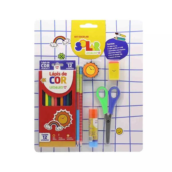 Kit Escolar Leo&Leo Solar 12 Lápis de Cores, Lápis, Borracha, Apontador, Cola, Régua e Tesoura