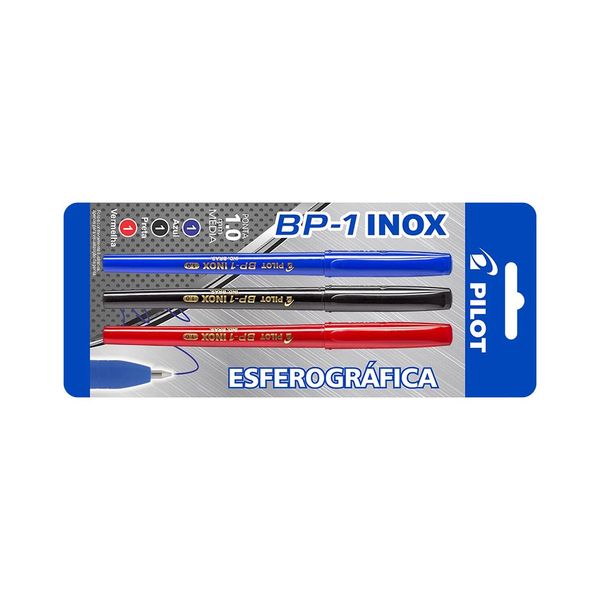 Caneta Esferográfica Pilot Ponta Aço Inox Azul,Preta e Vermelha 1.0mm com 3 Unidades
