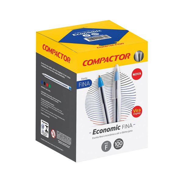 Caneta Esferográfica Compactor Economic Ponta Fina Azul com 100 Unidades