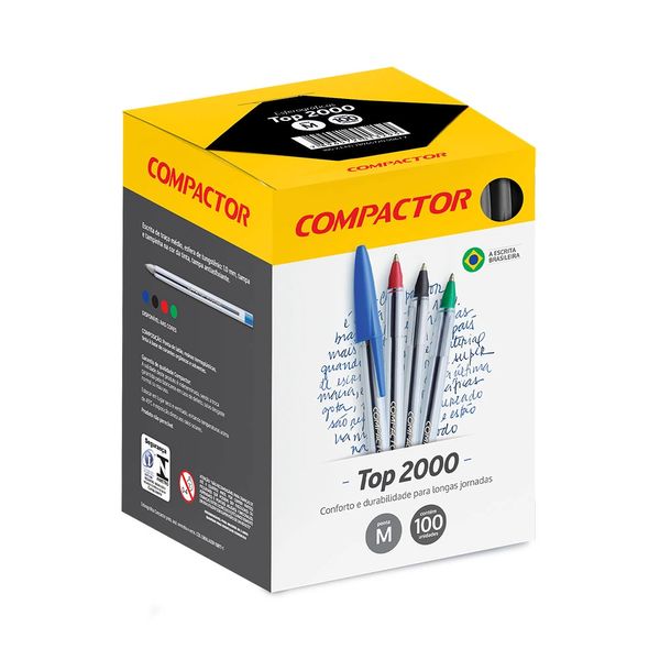 Caneta Esferográfica Compactor Top2000 Ponta Média Preta com 100 Unidades
