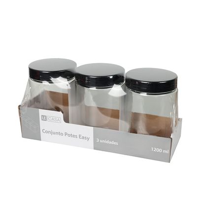 Conjunto de Potes de Vidro Le Easy com Tampa Preta 3 Peças 1200ml