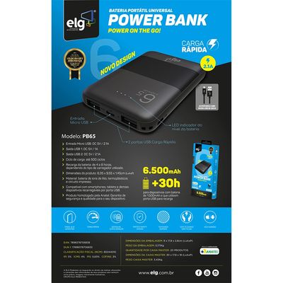 Carregador Portátil ELG PB65 Preto 6.500mAh
