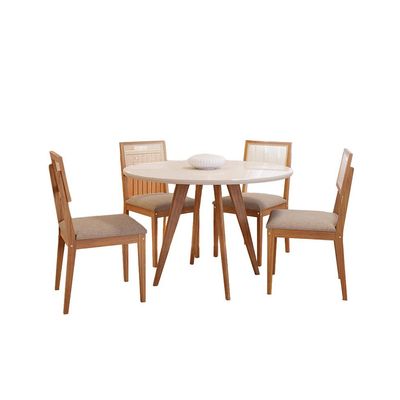 Conjunto de Mesa Redonda com Tampo de Vidro Off White Acerola e 4 Cadeiras Palmas Linho Grafite e Cinamomo