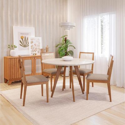 Conjunto de Mesa Redonda com Tampo de Vidro Off White Acerola e 4 Cadeiras Palmas Linho Grafite e Cinamomo