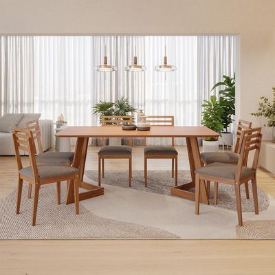 Conjunto de Mesa Retangular com Tampo MDF Caju e 6 Cadeiras Juparanã Linho Bege e Cinamomo