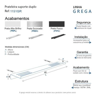 Prateleira Suporte Duplo Para Banheiro Escovado Grega Aço Inox 40cm