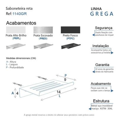 Saboneteira Para Banheiro Alto Brilho Grega Aço Inox 14cm
