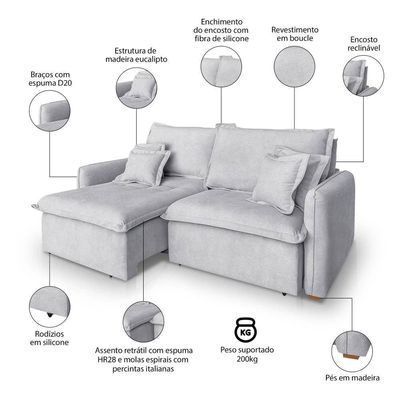 Sofá 4 Lugares 2,60m Retrátil E Reclinável Em Tecido Bouclé – Malta Lucadi Cinza