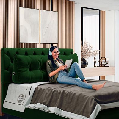 Almofada Para Cabeceira Encosto Apoio Lombar Spot 195cm Com Porta Celular Veludo - Abmaza Verde