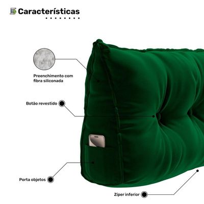 Almofada Para Cabeceira Encosto Apoio Lombar Spot 195cm Com Porta Celular Veludo - Abmaza Verde