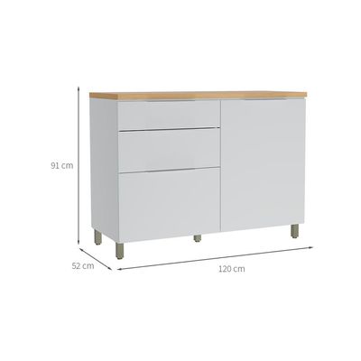Balcão de Cozinha com Tampo Marquesa 100% MDF 1 Porta 3 Gavetas Branco e Nature