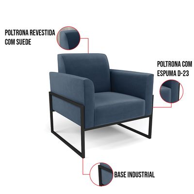 Poltrona Base Industrial Alta Preto Marisa Suede Azul Marinho