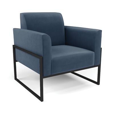 Poltrona Base Industrial Alta Preto Marisa Suede Azul Marinho