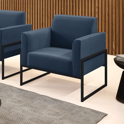Poltrona Base Industrial Alta Preto Marisa Suede Azul Marinho