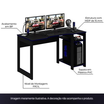 Mesa para Escritório Home Office Gamer ME4152 MDP Preto/Azul - Gran Belo