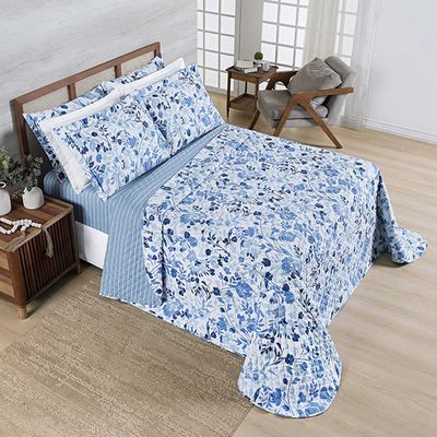 Kit Cobre Leito Colcha Benim King 3 Peças Dupla Face Micropercal 400 Fios - Loli Azul Floral - 100% Poliéster