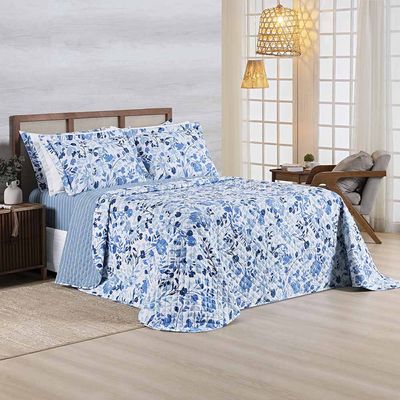 Kit Cobre Leito Colcha Benim King 3 Peças Dupla Face Micropercal 400 Fios - Loli Azul Floral - 100% Poliéster