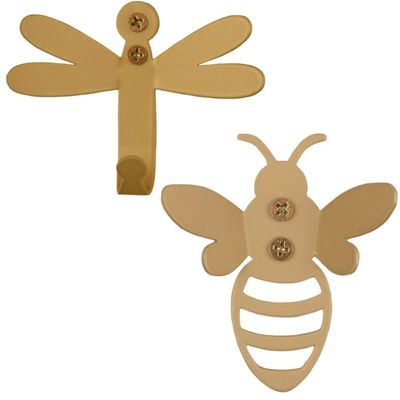Kit 2 Ganchos Dourados de Parede Abelha Libélula Pendurador Roupas Acessórios Luft Masutti