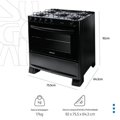 Fogão Suggar de Piso Cook Essence 5 Bocas com Mesa de Vidro Preto