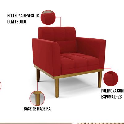 Poltrona Sala Decorativa Kit 2 Elisa Base Madeira Castanho Veludo Marsala D03 - D'Rossi
