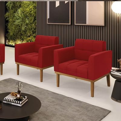 Poltrona Sala Decorativa Kit 2 Elisa Base Madeira Castanho Veludo Marsala D03 - D'Rossi