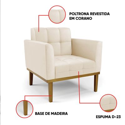 Poltrona Sala Decorativa Kit 2 Elisa Base Madeira Castanho Sintético PU Bege D03 - D'Rossi